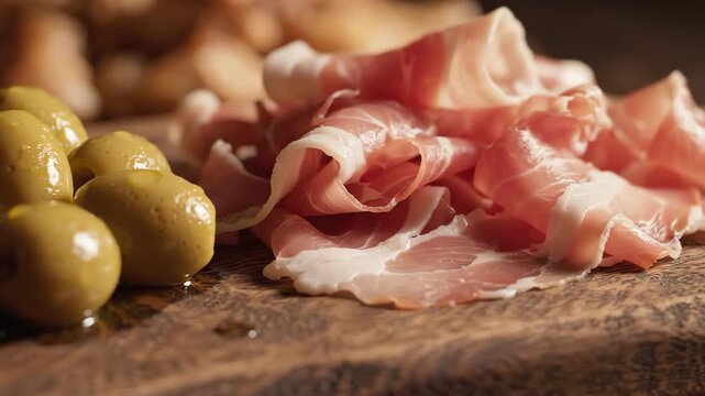 Cinematic camera movement over thinly sliced prosciutto and organic green olives on a textured dark wood surface