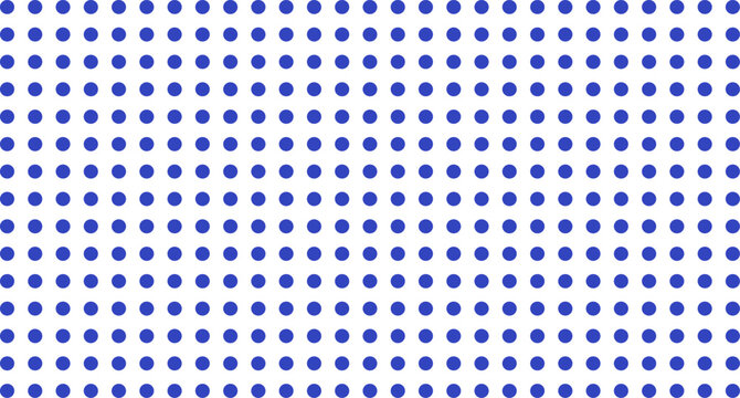 A repeating grid pattern of solid blue circles arranged in uniform rows and columns against a stark white background, style