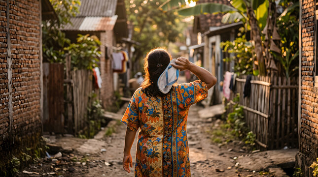 Back view of a woman in a colorful batik duster dress walking through a rustic village alley during warm golden hour sunset