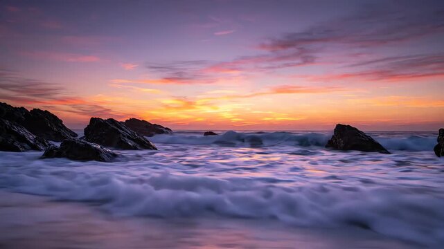 Cinematic long exposure ocean waves crashing on shoreline during a vibrant purple and orange sunset over the horizon