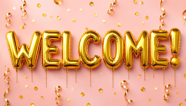 Welcome text sign letters with golden confetti, pink and gold banner. 3d rendering