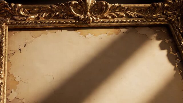 Elegant baroque style frame border on a distressed beige paper background with dynamic shadows and light play moving across the surface