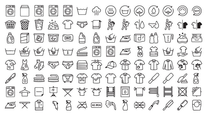 Laundry care and washing instruction symbols line icon collection with wash care, laundry service