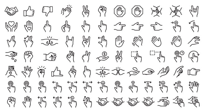 Diverse hand gestures and finger sign icons collection with gesture set sign language gestures