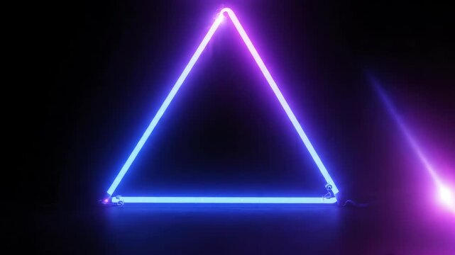 Symmetrical glowing neon triangle with vibrant blue and purple light pulsing on a seamless black background