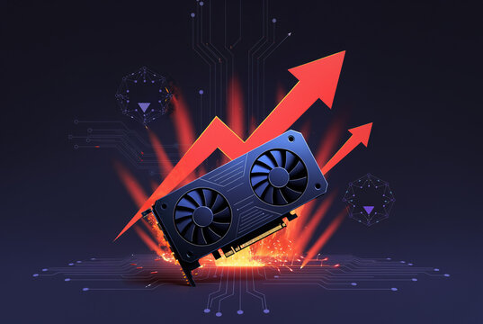 floating computer graphics processing unit card with glowing sparks fire and large red upward arrows above an illuminated digital circuit board in dark space.