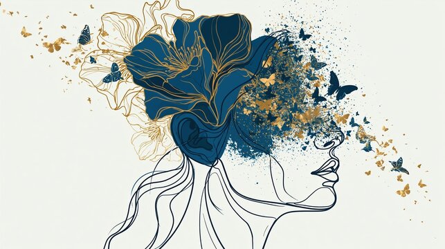 Minimalist line art portrait of a woman with floral elements representing fashion, beauty, and modern abstract design.