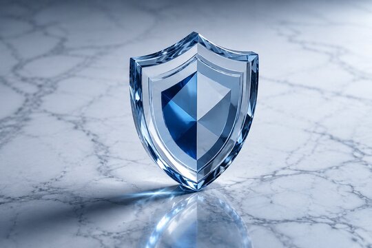paperweight. Shield-shaped crystal paperweight reflecting light on marble, representing security and elegance. event programs.
