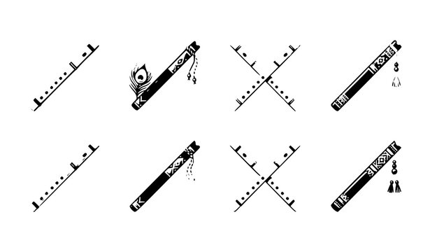 Krishna Flute Flat Icons Vector Set with Bansuri Musical Instrument Collection