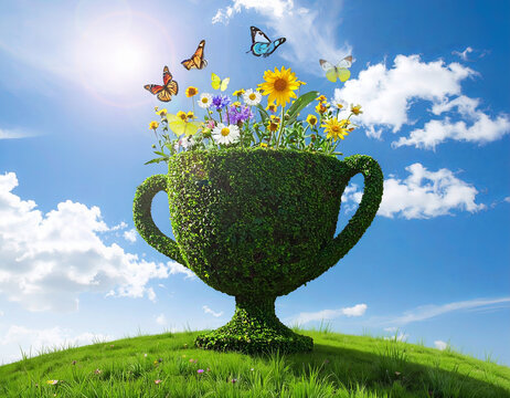 Green Trophy Made of Leaves as Environmental Success Concept