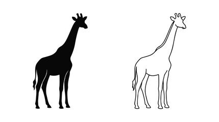 Fototapeta premium Giraffe silhouette and line art vector set, black and white African animal icons, minimalist wildlife illustrations for logo design