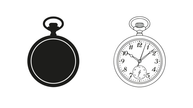 Vintage pocket watch vector icons, antique mechanical timepiece silhouette and line art set, classic clock face with roman numerals for history projects
