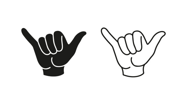 Shaka hand sign vector icons, Hawaiian hang loose gesture in solid and outline styles, surf culture hand symbols for summer beach branding