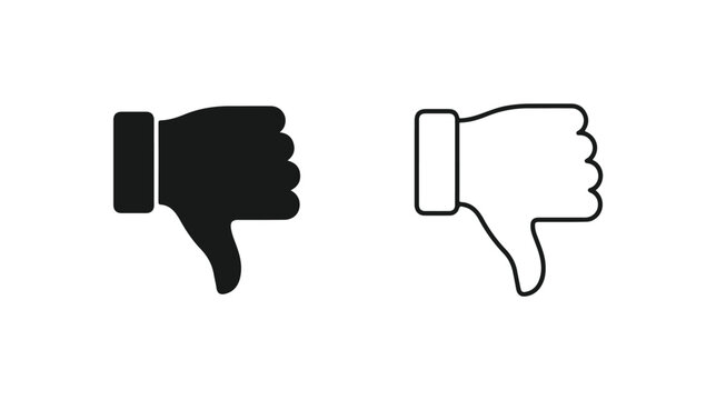 Thumbs down icon set in solid and outline styles, dislike hand gesture symbols for social media, negative feedback and rejection vector graphics