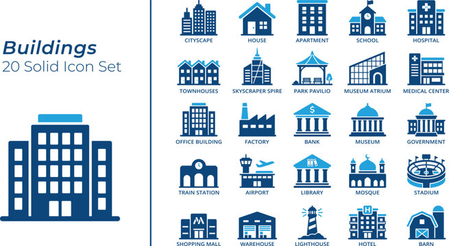 Buildings 20 Solid Icon Set. Includes Cityscape, Museum, Skyscraper, Real Estate, City Architecture, and Public Infrastructure Blue Icon Set.