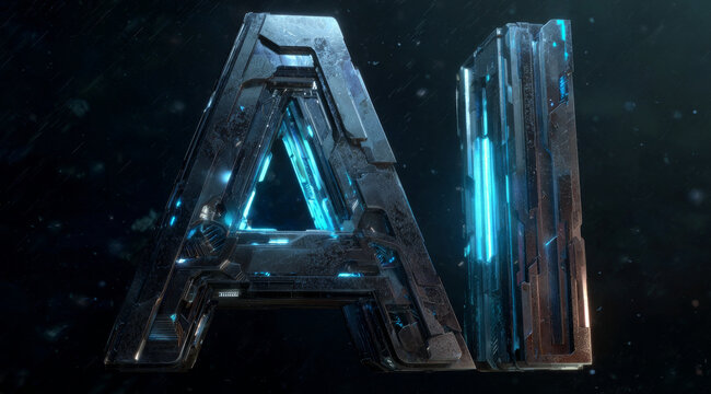 Futuristic cyberpunk style 3D metallic letters AI glowing with blue neon light in dark rainy atmosphere, high tech digital design