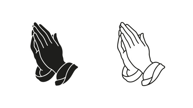 Praying hands vector icons, religious prayer gesture in silhouette and line art styles, spiritual worship and gratitude symbols for church design