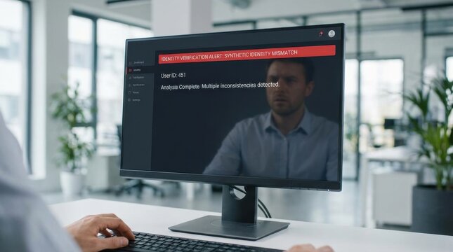 Modern office coder working at a desktop computer with code on screen.