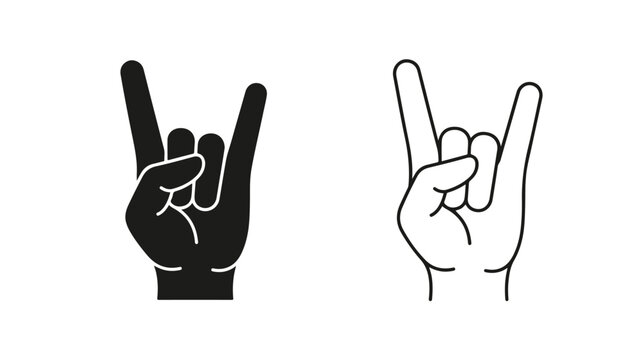 Rock on hand gesture icons, heavy metal horns sign vector set, black and white line art hand symbols for music festivals and concerts