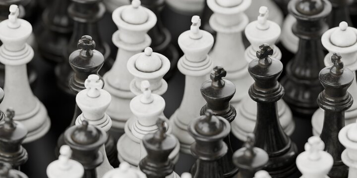 3d chess pieces bunched close together, chess strategy, chess boardgame