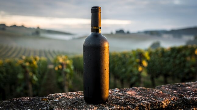 Bottle of Wine in Vineyard at Sunset.