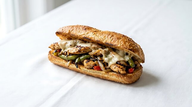 Fresh chicken sub sandwich with grilled vegetables and herbs served in a toasted brown bread roll. Delicious chicken philly sandwich