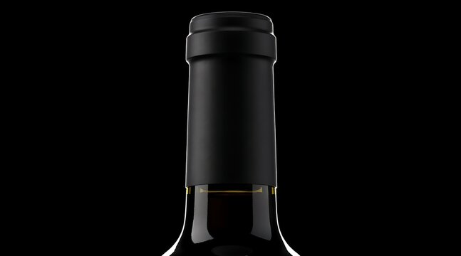 Close up of a dark wine bottle neck with black cap.