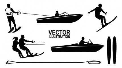 Fototapeta premium Water skiing and wakeboarding silhouettes vector illustration set, speedboat towing skiers, summer extreme water sports icons isolated on white background.