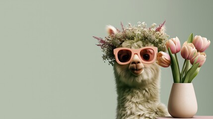 Fototapeta premium Fashionable Alpaca Wearing Pink Sunglasses and Floral Crown Beside Tulips with Elegant Copy Space