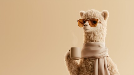 Fototapeta premium Stylish Alpaca Wearing Amber Sunglasses Holding Hot Coffee Mug with Cozy Winter Copy Space Background