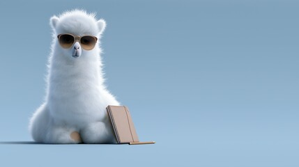 Fototapeta premium Cute White Alpaca Wearing Sunglasses with Notebook and Pencil on Blue Copy Space Background