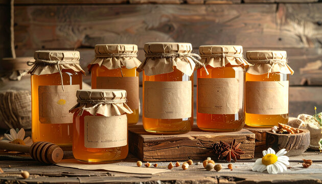 Honey jars displayed on wooden surface with natural lighting and copy space