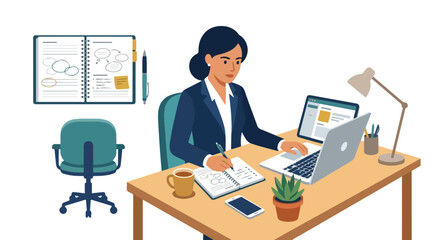 Fototapeta premium A professional woman is sitting at her desk, working on a laptop while writing in a notebook, surrounded by office supplies and a cup of coffee.