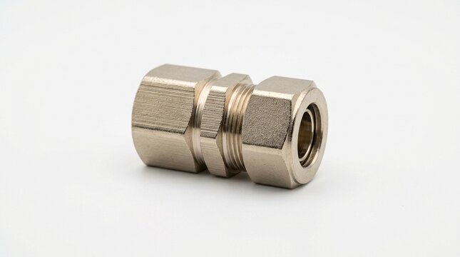 Compression fitting in nickel plated brass on white background macro product Canon EOS R5 100mm macro ISO 100 f/16 1/160s twin softboxes no people no brands no text no logos