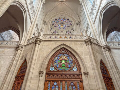 Interior architecture of the Cathedral in City of La Plata and central stained glass