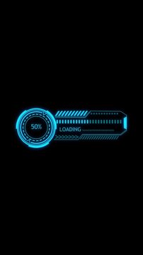 Futuristic digital loading progress bar with glowing blue circular interface design element displaying incremental percentage animation isolated on black background cinematic motion.