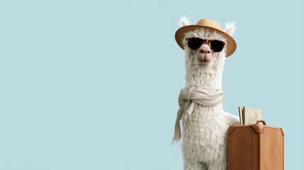 Fototapeta premium Luxury Travel Alpaca Wearing Straw Hat and Sunglasses with Vintage Suitcase on Blue Copy Space Background