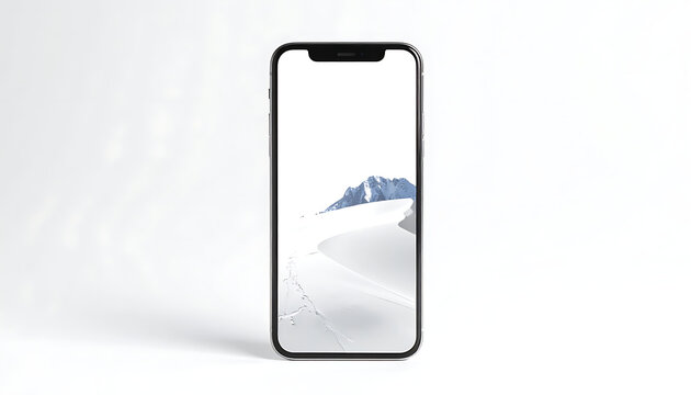Isolated smartphone mockup displaying a winter mountain landscape on the screen, mobile interface design element, device display template