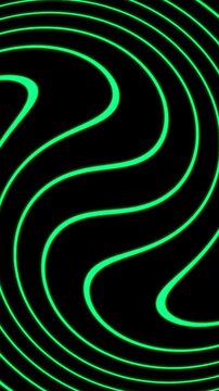 Abstract green neon lines flowing with hypnotic motion on black background fluid glowing digital waves moving continuously artistic light animation loop vertical screen style render.