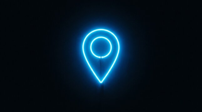   
Glowing neon blue map pin symbol on dark background, teardrop outline with circular center, representing geolocation, navigation, GPS technology, digital mapping, modern connectivity concept.