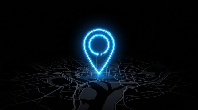   
Glowing neon blue map pin symbol on dark background, teardrop outline with circular center, representing geolocation, navigation, GPS technology, digital mapping, modern connectivity concept.