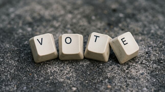 Old computer keyboard keys spelling the word VOTX with a red X on a rough asphalt background, concept of voting, democracy, elections, and digital choice.