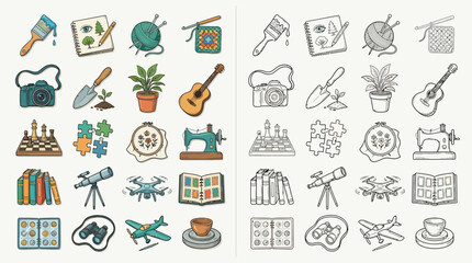 Fototapeta premium Collection of hand-drawn icons representing various hobbies and leisure activities, including crafting, music, and outdoor pursuits.