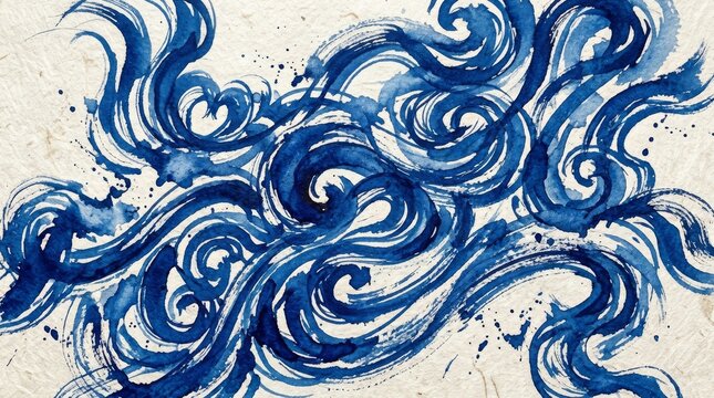 Japanese pattern watercolor swirling blue ocean waves with japanese seigaiha watercolor oriental