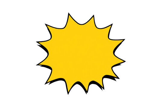 Yellow explosion speech bubble starburst shape with comic style black outline, pop art blank banner, transparent background
