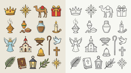 Naklejka premium Christmas Nativity Icons Set: Color and Outline Illustrations for Religious and Festive Designs.