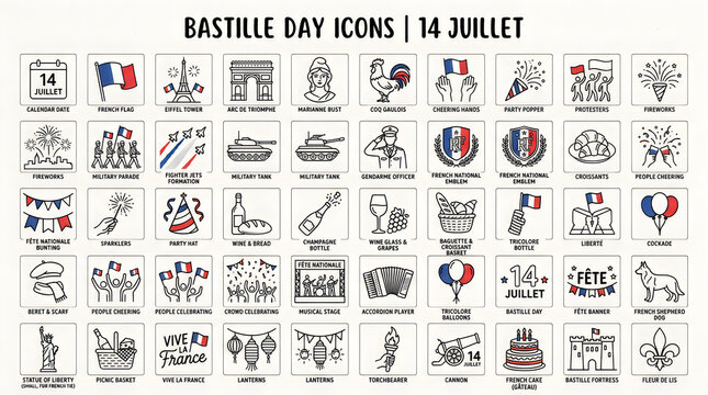 Set of bastille day france national holiday line icons