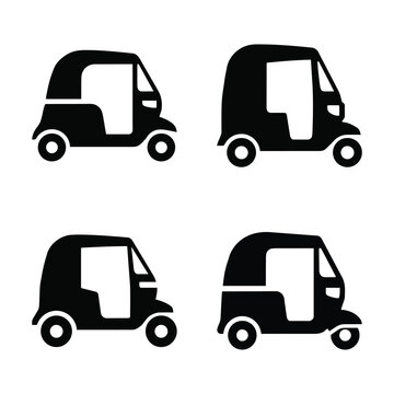 Collection of auto rickshaw icons in black silhouettes for urban taxi transport services.