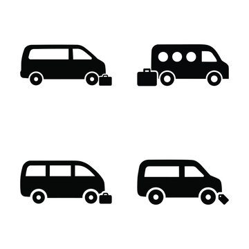 Four black icons of vans and minibuses with luggage, symbolizing travel and transport services.