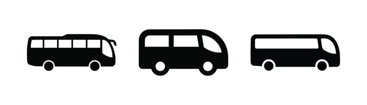 Set of three black bus silhouettes with windows against a white background.